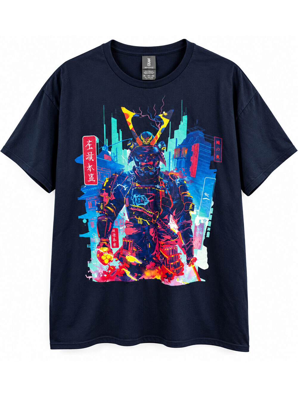 Gildan Softstyle Samurai Cyberpunk Graphic T-Shirt Men's 3XL Navy Japanese Warri